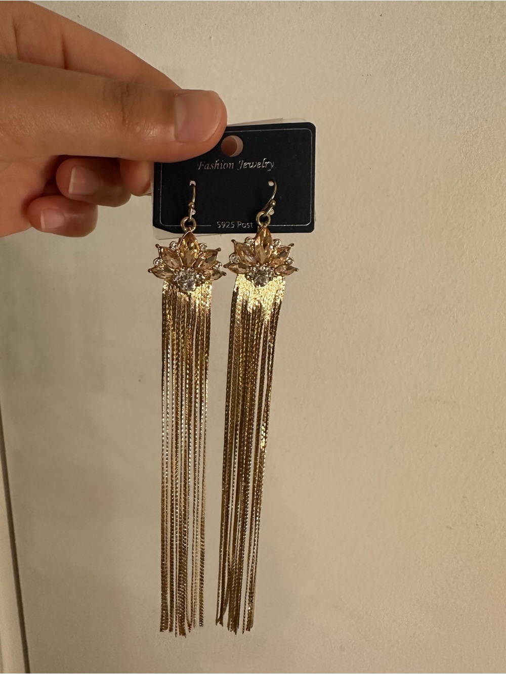 Gold Floral Crystal Tassel Drop Earrings by